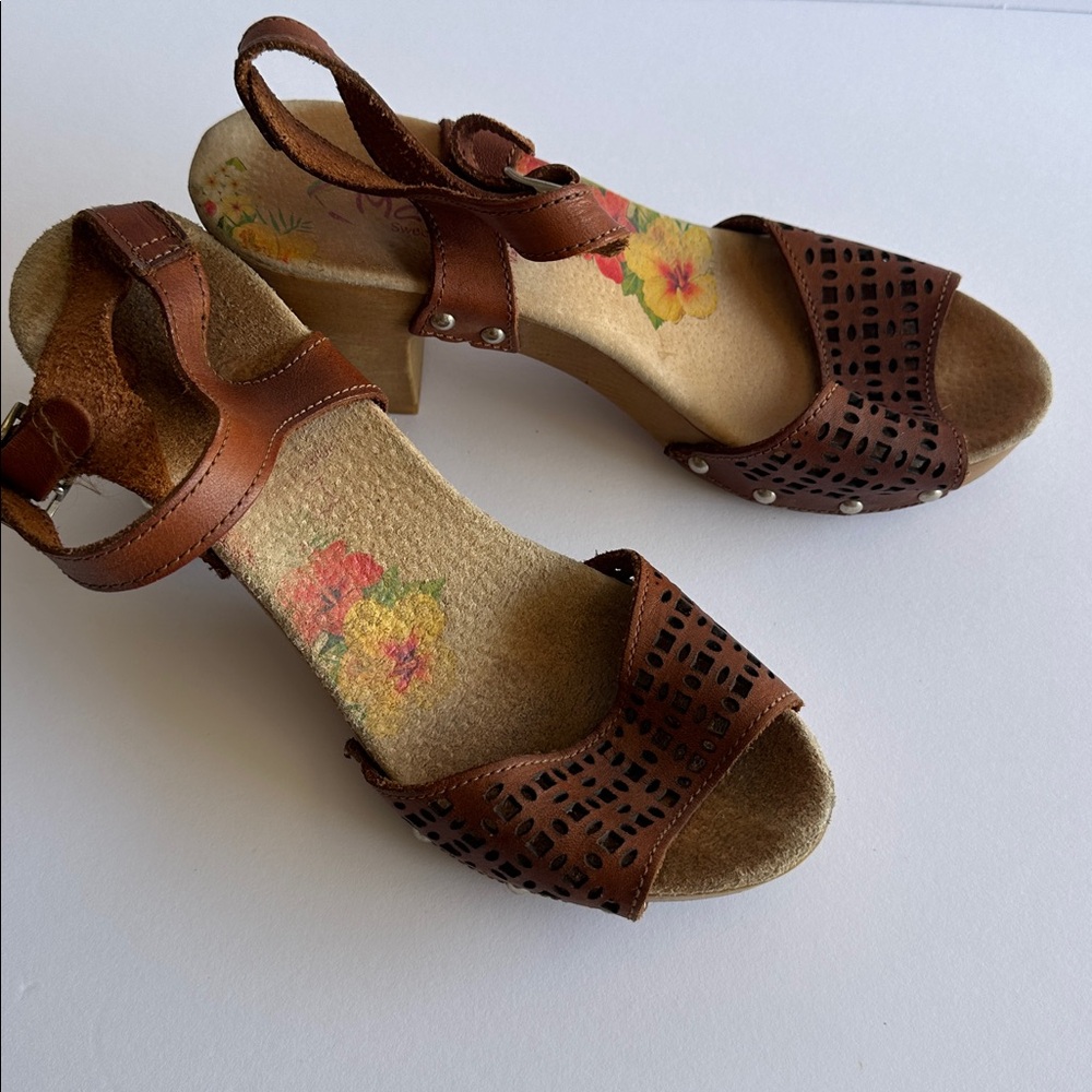 Marila Sweet Life Sz 38 Brown Leather‎ Chunky Heel Sandals Spain